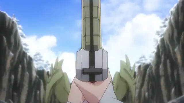 A female character with light hair holds a large, futuristic gun pointed directly at the viewer in a snowy mountain landscape. Screenshot from Kohakuiro no Hunter - Episode 1