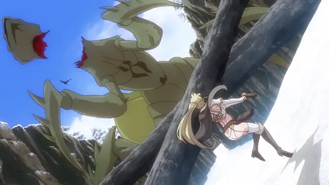 A blonde woman in a white dress and black stockings falls backward against a tree trunk while being confronted by a giant insect-like creature with glowing red eyes. Screenshot from Kohakuiro no Hunter - Episode 1