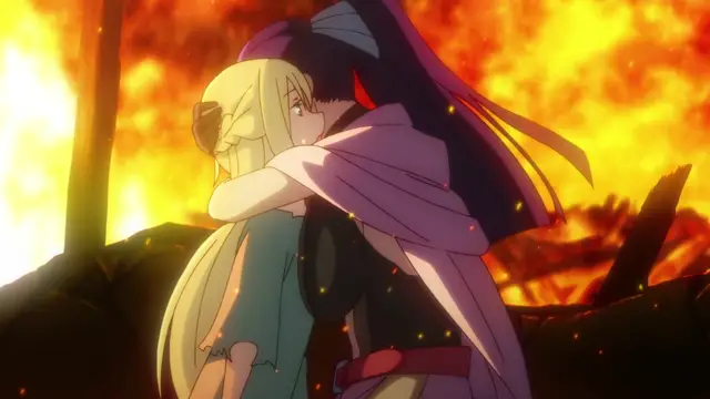 A girl with long blonde hair is being hugged from behind by a person with long dark hair in a forest fire, with the girl's eyes closed and the person's arms wrapped around her. Screenshot from Kohakuiro no Hunter - Episode 1