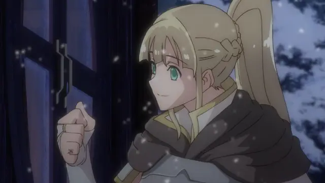 A blonde anime girl wearing a dark cloak and a white dress looks out of a window at the falling snow with a slight smile. Screenshot from Kohakuiro no Hunter - Episode 1