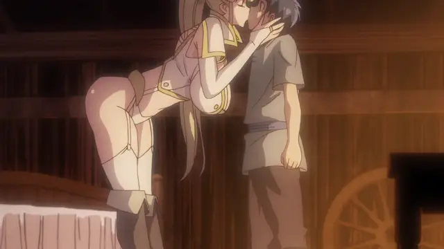 A tall, scantily-clad woman with long blonde hair and a white outfit leans forward to kiss a shorter male character on the cheek while standing in a wooden room. Screenshot from Kohakuiro no Hunter - Episode 1