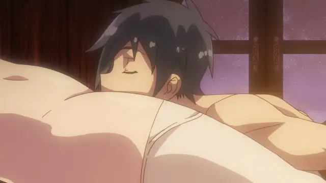 A male anime character with dark hair rests his head on a woman's chest in a bedroom setting. Screenshot from Kohakuiro no Hunter - Episode 1
