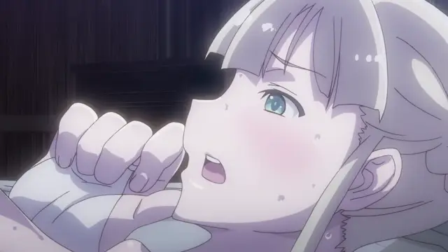 A close-up of a sweating, blushing anime girl with blue hair and large eyes looking startled as she bites her finger while lying in bed. Screenshot from Kohakuiro no Hunter - Episode 1