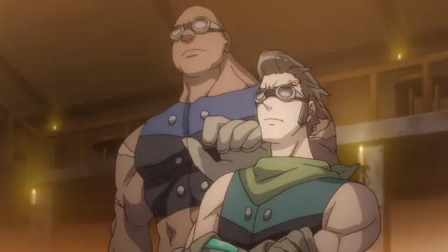 A muscular man with a bald head and a smaller man with spiky grey hair stand together in a dimly lit indoor setting. Screenshot from Kohakuiro no Hunter - Episode 2