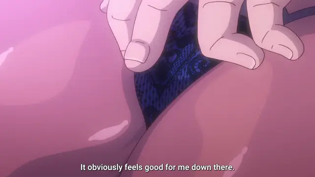 A close-up shot of a female character's pussy being stimulated by a male's hands and a penis, with a subtitle at the bottom reading, "It obviously feels good for me down there.". Screenshot from Kohakuiro no Hunter - Episode 2