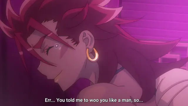 A close-up shot of an anime woman with long red hair and a gold hoop earring looking down with a smirk, with subtitles reading, "Err... You told me to woo you like a man, so...". Screenshot from Kohakuiro no Hunter - Episode 2