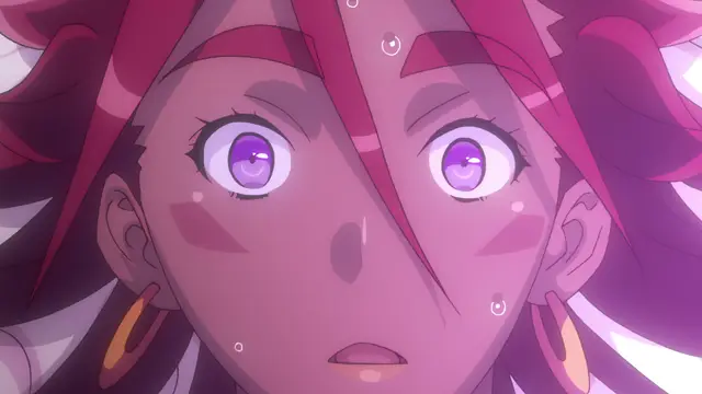 A close-up of an anime girl with red hair and purple eyes showing a shocked or surprised expression with wide eyes and an open mouth. Screenshot from Kohakuiro no Hunter - Episode 2