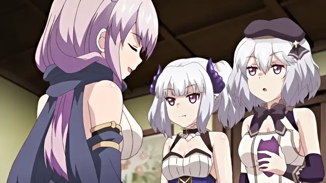 Three anime girls with white and purple hair look on with surprised and intrigued expressions as one tall woman with long purple hair leans in toward them. Screenshot from Knight of Erin - Episode 1