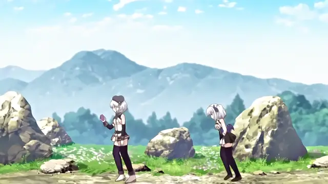 Two anime girls with white hair and dark outfits stand in a grassy field with large rocks and mountains in the background. Screenshot from Knight of Erin - Episode 1