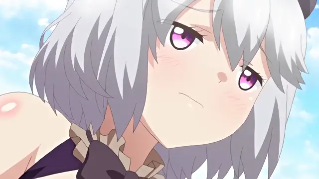 A blushing anime girl with grey hair and purple eyes looks down with a pouty expression while wearing a ruffled dress. Screenshot from Knight of Erin - Episode 1