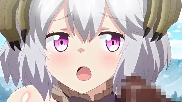 A close-up shot of a gray-haired anime girl with horns and large pink eyes looking surprised with a blushing face while a pixelated penis is visible in the foreground. Screenshot from Knight of Erin - Episode 1