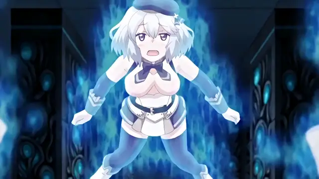 An anime girl with white hair and a blue officer's uniform stands in a dark hallway with blue energy flames, appearing shocked or surprised. Screenshot from Knight of Erin - Episode 1