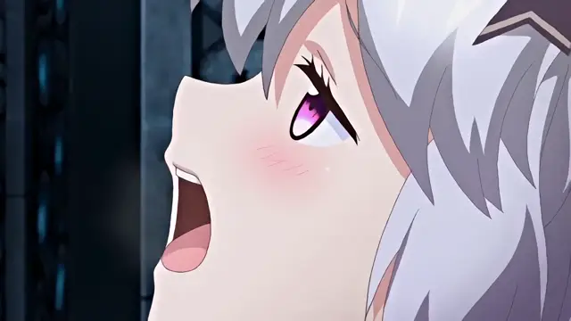 A close-up shot shows a light-haired anime girl with a shocked expression, her mouth wide open and blushing cheeks, set against a dark interior background. Screenshot from Knight of Erin - Episode 1
