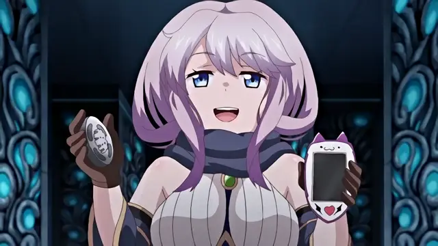 A light-haired anime girl with a cheerful expression holds a small handheld gaming device in her right hand and a pink cat-themed smartphone in her left. Screenshot from Knight of Erin - Episode 1