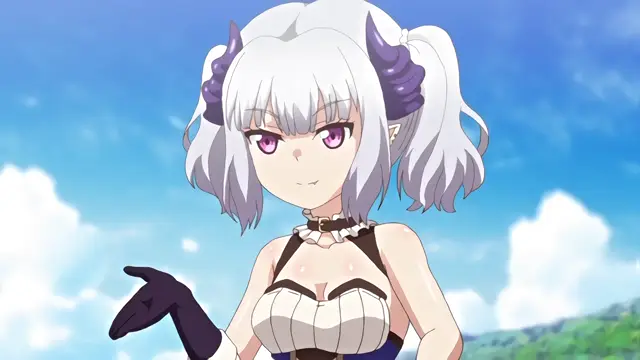 A silver-haired anime girl with purple eyes and horns, wearing a white and blue ruffled outfit with black gloves, stands against a background of a bright blue sky with fluffy white clouds. Screenshot from Knight of Erin - Episode 2