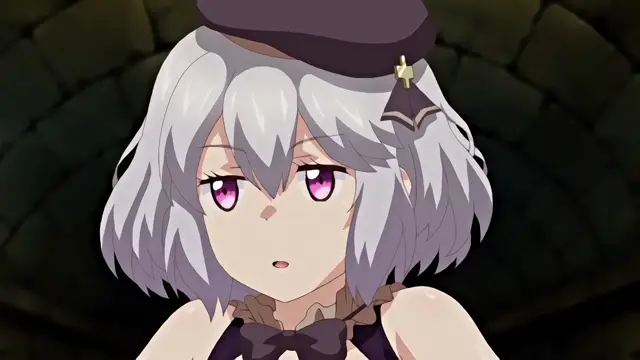 An anime girl with grey hair and purple eyes wears a dark beret and a ruffled choker, looking startled with a small "o" shaped mouth open in a dark, stone-walled room. Screenshot from Knight of Erin - Episode 2