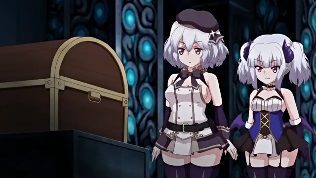 Two anime girls with white hair and black uniforms stand next to a large treasure chest in a dark room with blue glowing lights. Screenshot from Knight of Erin - Episode 2