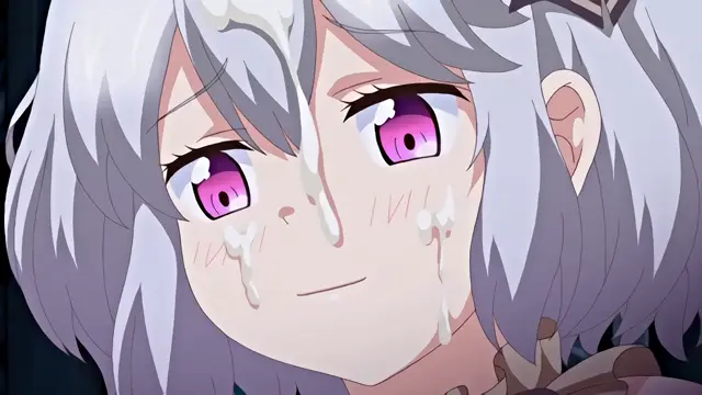 A close-up shot of an anime girl with light grey hair and pink eyes, blushing and smiling with a blank expression while a thick white fluid drips down her face and over her forehead. Screenshot from Knight of Erin - Episode 2