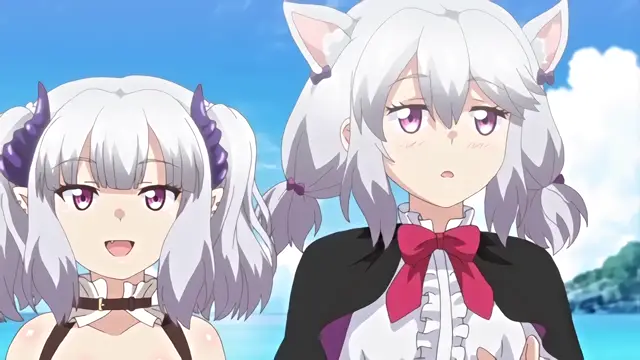Two white-haired girls with cat ears and horned accessories stand outdoors against a blue sky, with the girl on the left looking happy and the girl on the right appearing surprised. Screenshot from Knight of Erin - Episode 2