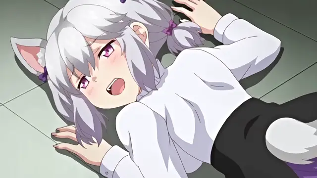 A blushing white-haired cat girl with purple eyes lies on the floor in a white sweater and black skirt, looking up with an open mouth in a state of arousal. Screenshot from Knight of Erin - Episode 2