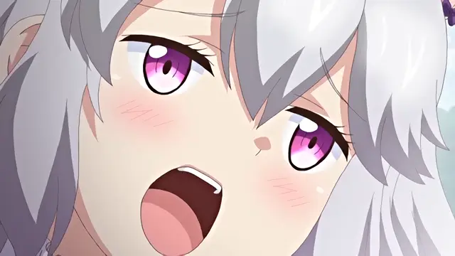 A close-up shot shows a silver-haired anime girl with pink eyes and a blushing face looking shocked with her mouth wide open. Screenshot from Knight of Erin - Episode 2