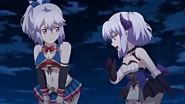 Two anime girls with light purple hair stand together against a dark blue background, with the girl on the left looking down sadly in a blue and white idol outfit while the girl on the right looks at her with a shocked expression while wearing a black and white dress with horns. Screenshot from Knight of Erin - Episode 2
