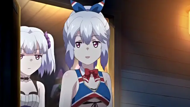 A blonde-haired anime girl in a blue and white outfit stands in a doorway with a shocked expression, while another girl with white hair and a black dress watches from the shadows. Screenshot from Knight of Erin - Episode 2
