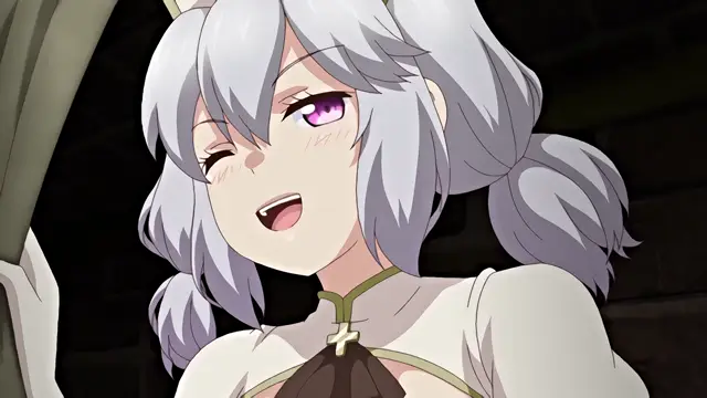 A grey-haired anime girl with cat ears, wearing a priestess outfit, looks at the camera with a blushing, wide-eyed expression and an open mouth. Screenshot from Knight of Erin - Episode 3