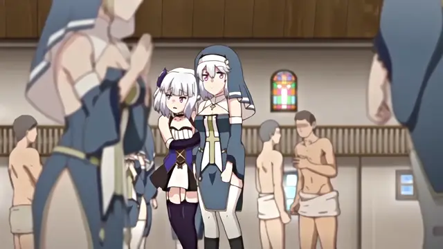 Two anime girls in blue and white outfits stand together in a bathhouse while several shirtless, topless, and nearly naked men surround them. Screenshot from Knight of Erin - Episode 3