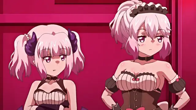 Two anime girls with pink hair and elaborate costumes stand side-by-side in a pink room, looking toward the viewer with small smiles. Screenshot from Knight of Erin - Episode 4