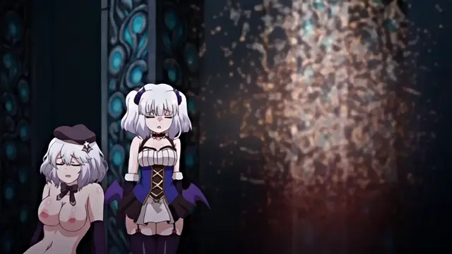 A white-haired anime girl in a maid outfit stands next to another white-haired girl who is partially undressed, both looking forward with neutral expressions in a dimly lit, ornate room. Screenshot from Knight of Erin - Episode 4