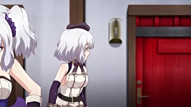 A high-angle shot shows two anime girls with white hair and distinctive outfits standing in a room with a red door. Screenshot from Knight of Erin - Episode 4