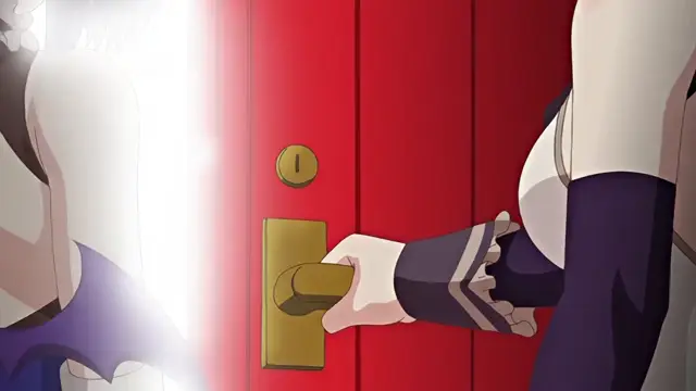 A hand in a white glove with dark blue and white trim reaches out to open a red door, while a woman in a revealing white and purple outfit stands behind it. Screenshot from Knight of Erin - Episode 4