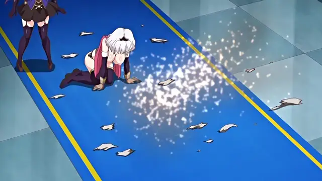 A white-haired girl in a red and black outfit kneels on a blue mat, looking down as a white explosion of sparkles and paper shards erupts around her, while a dark-haired girl stands nearby. Screenshot from Knight of Erin - Episode 4