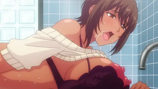 A woman with brown hair and a flushed face leans forward in a shower, wearing a white sweater pulled down to expose her breasts and buttocks as she looks back with a lustful expression. Screenshot from Kaa-chan no Tomodachi ni Shikotteru Tokoro Mirareta The Animation