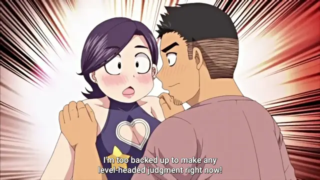 A blushing anime girl with purple hair and a heart-patterned top is grabbed by the shoulders by a tall, muscular man who leans in close to her face with an intense expression, while the subtitles read, "I'm too backed up to make any level-headed judgment right now!". Screenshot from Ano Ko no Kawari ni Suki na Dake - Episode 1
