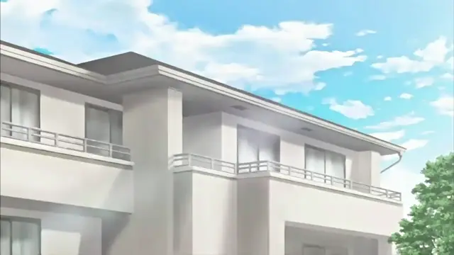A modern two-story white villa stands under a bright blue sky with fluffy white clouds, surrounded by green trees. Screenshot from Ano Ko no Kawari ni Suki na Dake - Episode 2