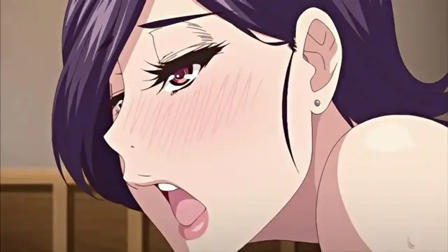 A close-up of an anime woman with dark purple hair, blushing eyes, and an open mouth showing a surprised or lustful expression. Screenshot from Ano Ko no Kawari ni Suki na Dake - Episode 2