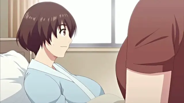 A brown-haired girl wearing a light blue yukata sits on a bed, looking up at another person whose side and arm are visible in the foreground. Screenshot from Ano Ko no Kawari ni Suki na Dake - Episode 2