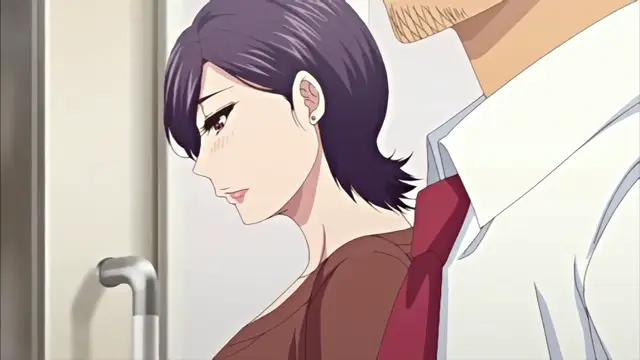 A woman with purple hair and a blushing face stands close to a man in a white shirt and red tie in an anime scene. Screenshot from Ano Ko no Kawari ni Suki na Dake - Episode 2