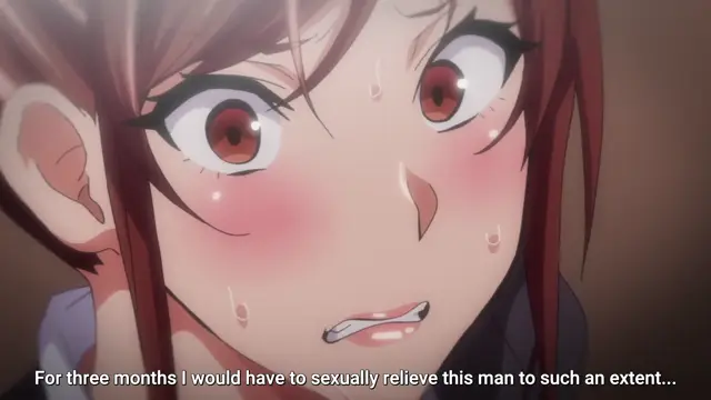 A blushing anime girl with large eyes and a shocked expression looks forward with a subtitle at the bottom that reads, "For three months I would have to sexually relieve this man to such an extent...". Screenshot from Himawari wa Yoru ni Saku