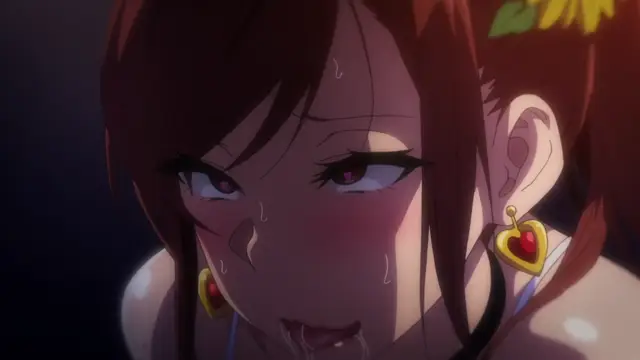 A blushing, sweating anime woman with heart-shaped earrings looks forward with a dazed, ahegao expression and drool escaping her mouth. Screenshot from Himawari wa Yoru ni Saku