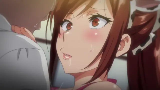 An anime girl with long brown hair and blushing cheeks looks up with a dazed expression at a man whose face is partially obscured while a thick string of saliva drips from her mouth. Screenshot from Himawari wa Yoru ni Saku