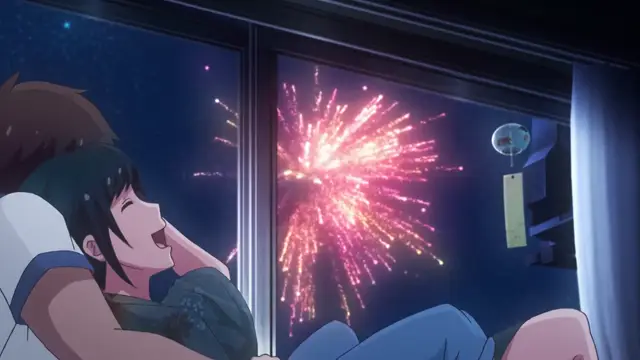 A girl with black hair sits in bed and looks out the window with an excited expression as fireworks explode in the night sky. Screenshot from Kimi ga Suki - Episode 1