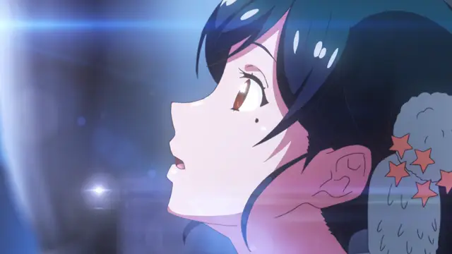 A blue-haired anime girl looks up in surprise with a blushing face and small stars near her head. Screenshot from Kimi ga Suki - Episode 1