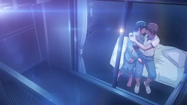 A girl in a torn blue dress and a boy in a white shirt and blue shorts embrace each other while crying and looking distressed inside a bedroom, visible through a glass window. Screenshot from Kimi ga Suki - Episode 1