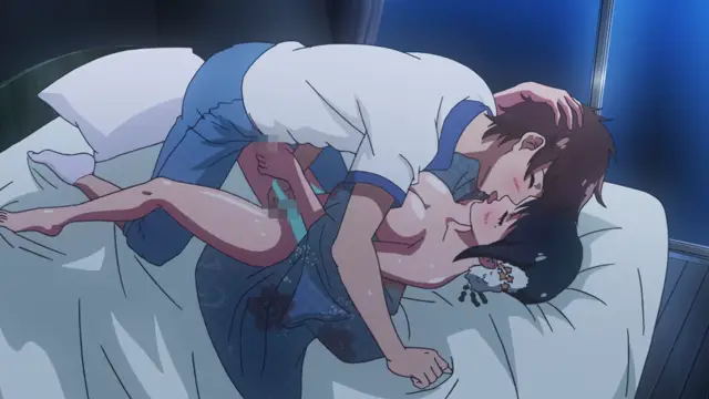 A man and a woman with dark hair are engaged in sexual intercourse on a bed, with the man positioned on top of the woman while they are both shown with visible fluids on their bodies. Screenshot from Kimi ga Suki - Episode 1