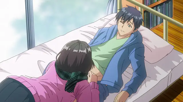 A girl wearing a pink jacket and a green scarf sits on a bed, looking up at a boy in a blue hoodie and green shirt who is leaning back against pillows. Screenshot from Kimi ga Suki - Episode 1