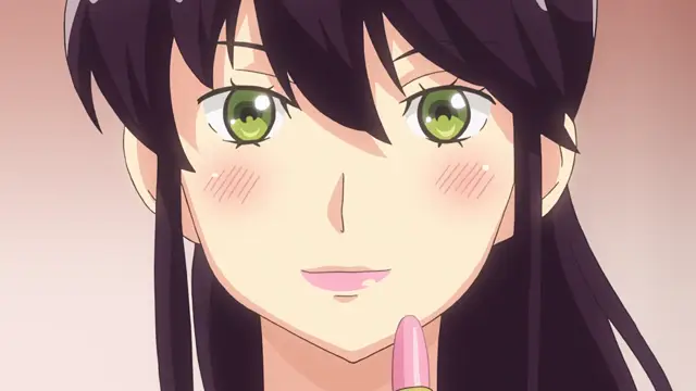 A blushing anime girl with long black hair and green eyes looks forward with a slight smile while holding a pink dildo to her lips. Screenshot from Kimi ga Suki - Episode 2