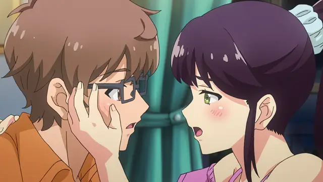 A brown-haired man with glasses and a shocked expression is held close by a purple-haired girl with a surprised look on her face. Screenshot from Kimi ga Suki - Episode 2